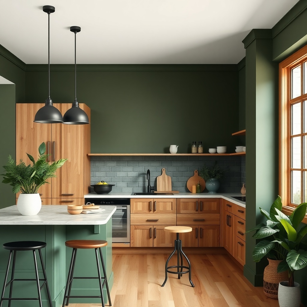 A modern kitchen featuring rich olive green walls and wooden cabinetry.