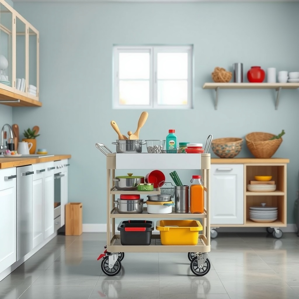 A kitchen rolling cart filled with pots, containers, and kitchen supplies in a bright kitchen setting.