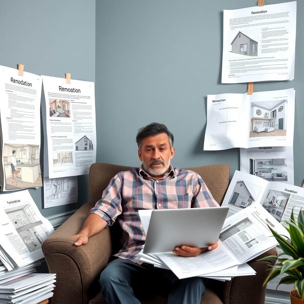 A man sitting in a chair surrounded by renovation documents and plans, looking thoughtful.