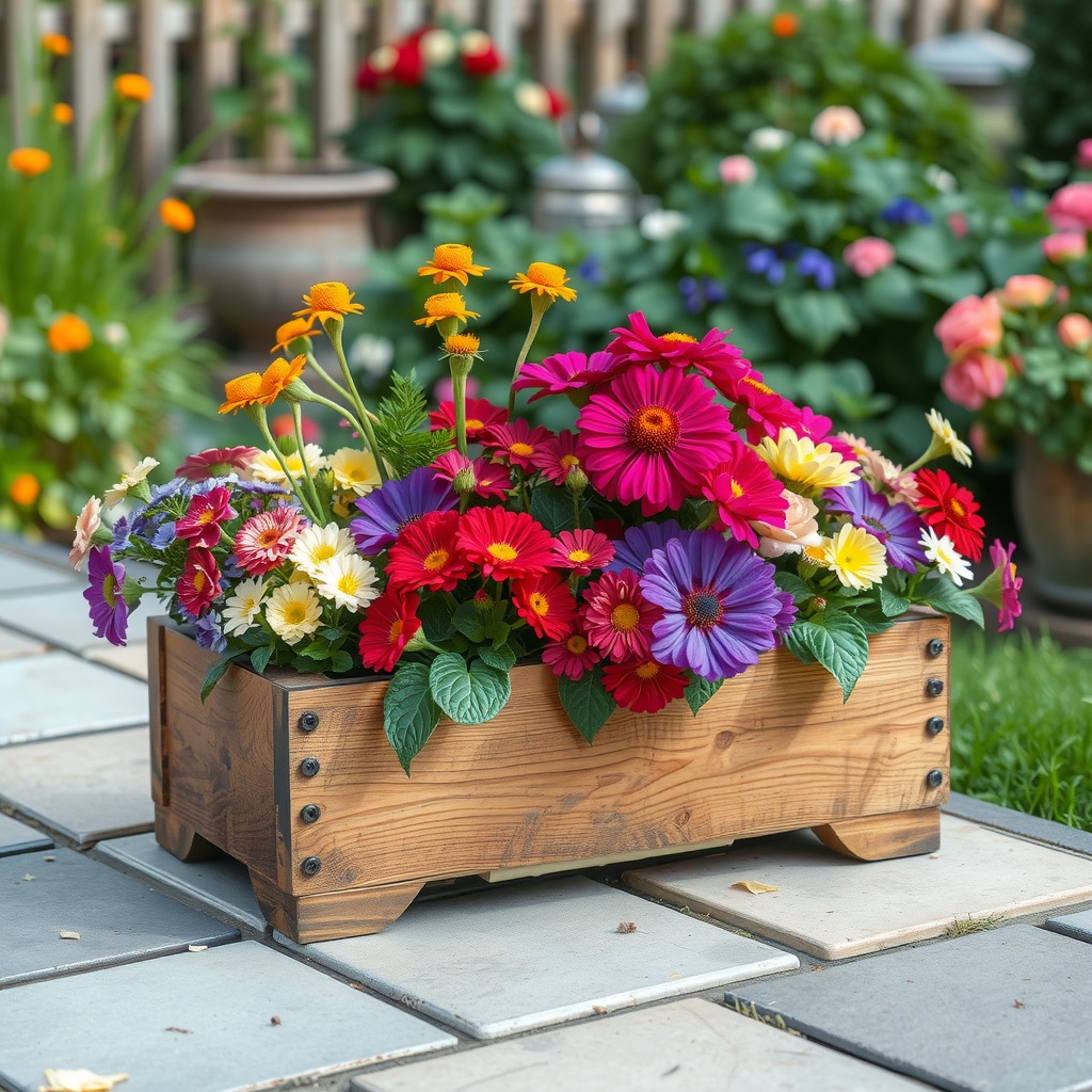 Rustic wooden planter filled with colorful flowers.