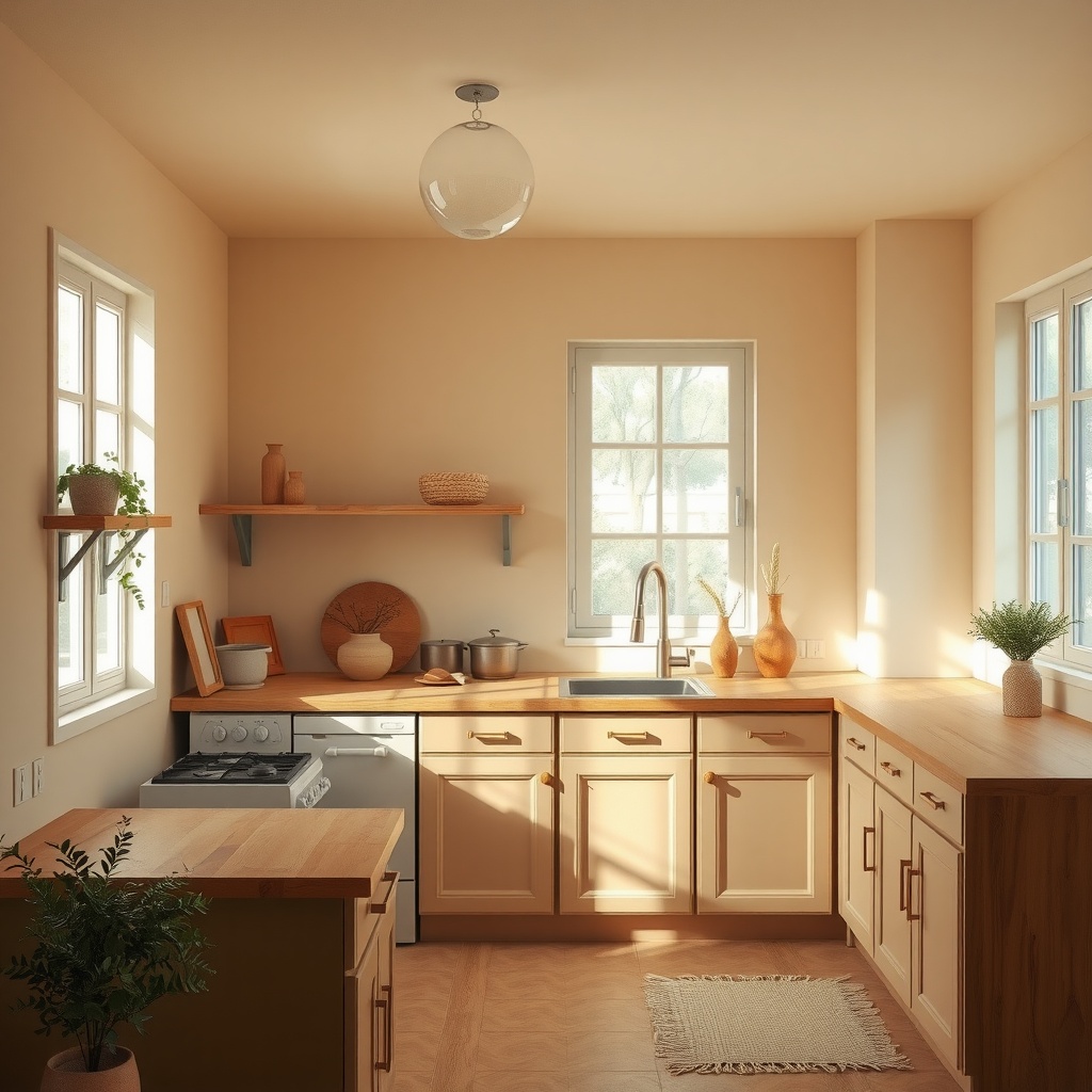 A cozy kitchen painted in sandy beige with wooden accents and natural light.