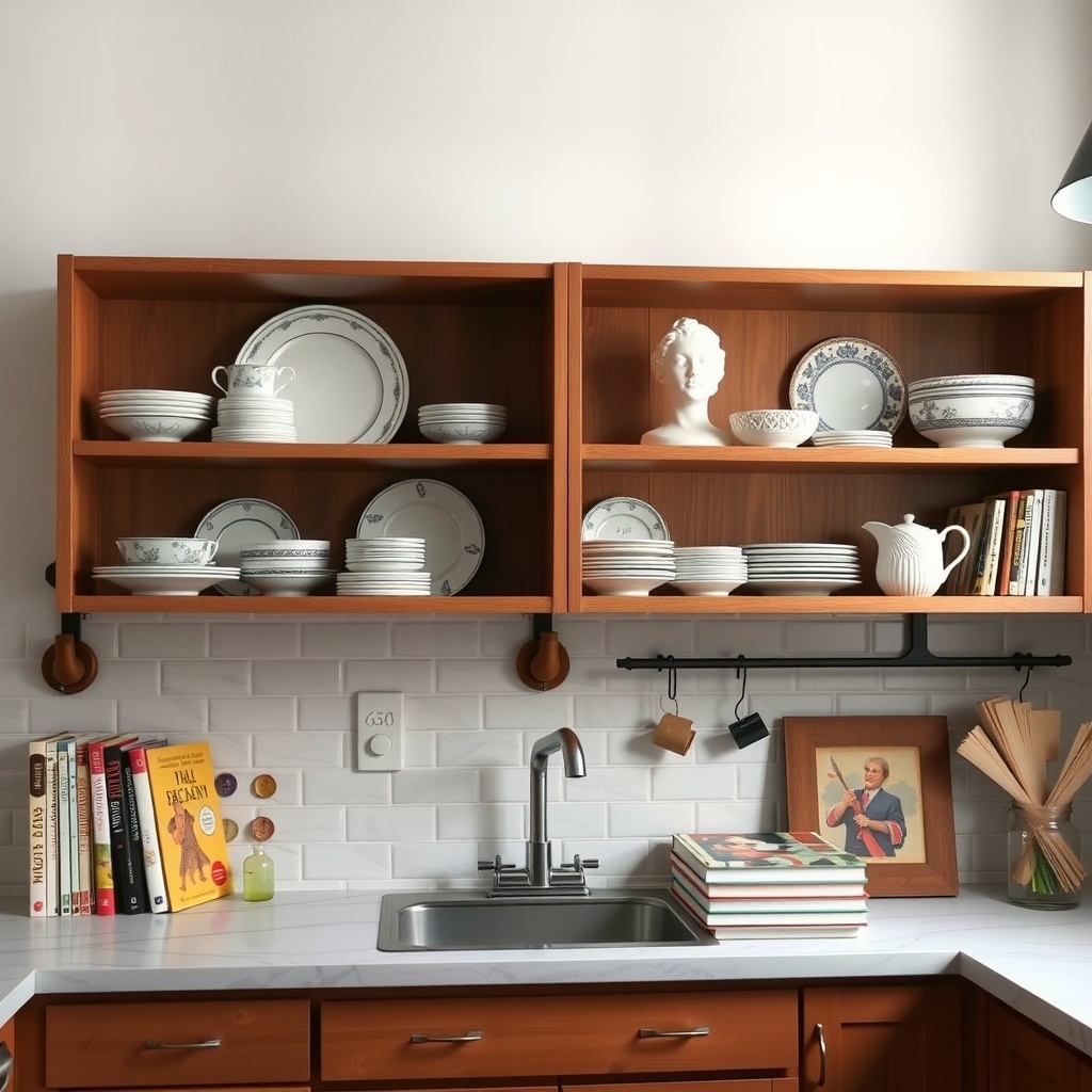 Wooden shelves above a kitchen counter displaying plates, a teapot, books, and decorative items.