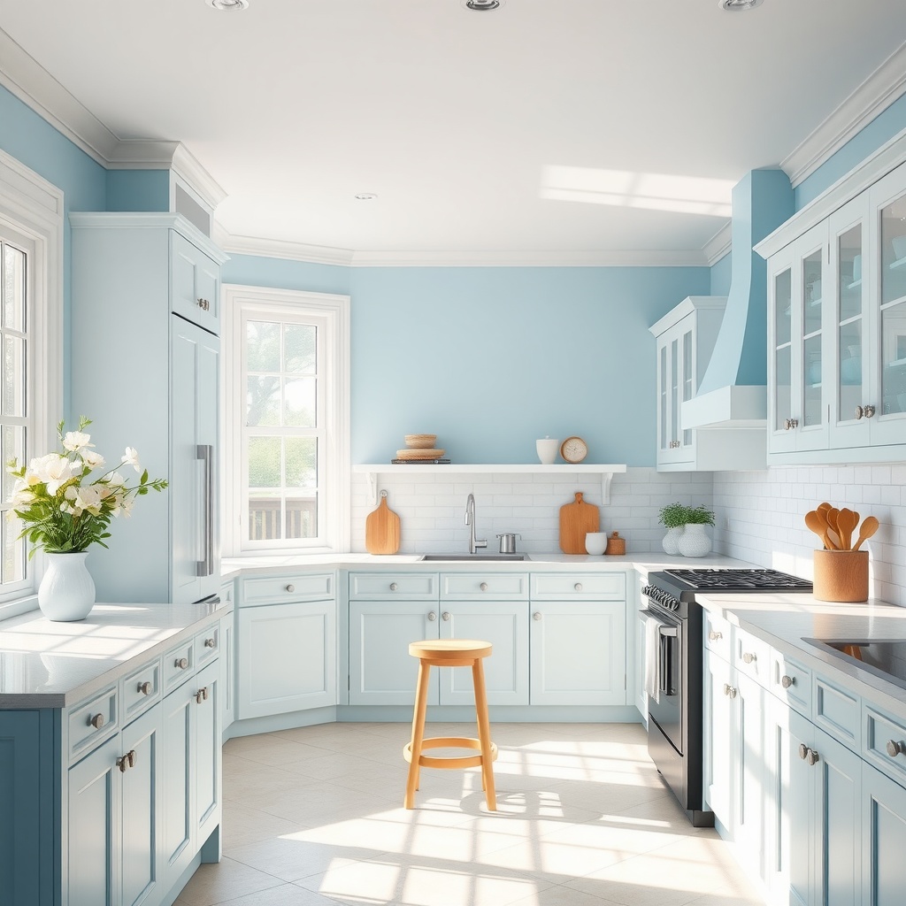 A bright kitchen with sky blue walls and light cabinetry, featuring a sunny atmosphere.