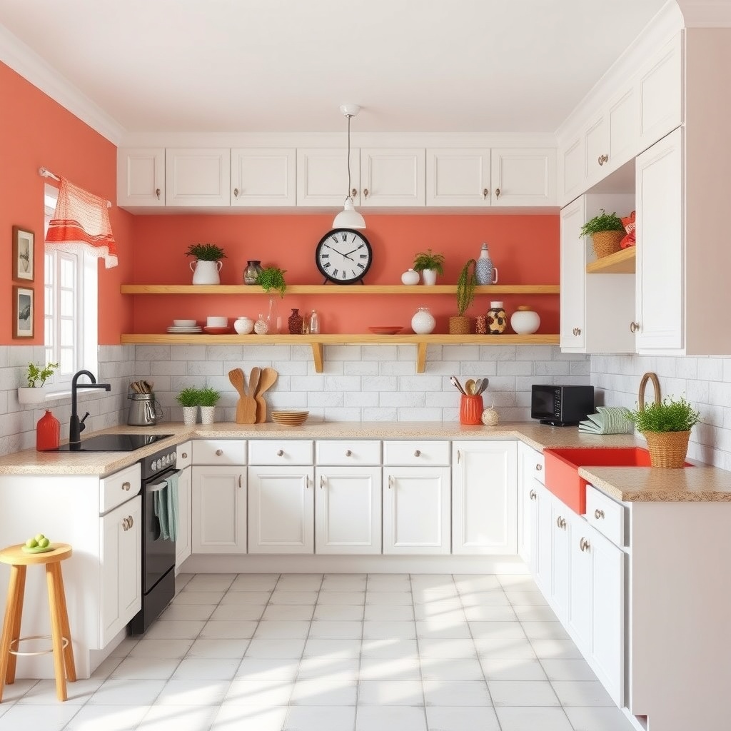 A kitchen with soft coral walls, white cabinetry, and wooden shelves filled with plants and kitchenware.