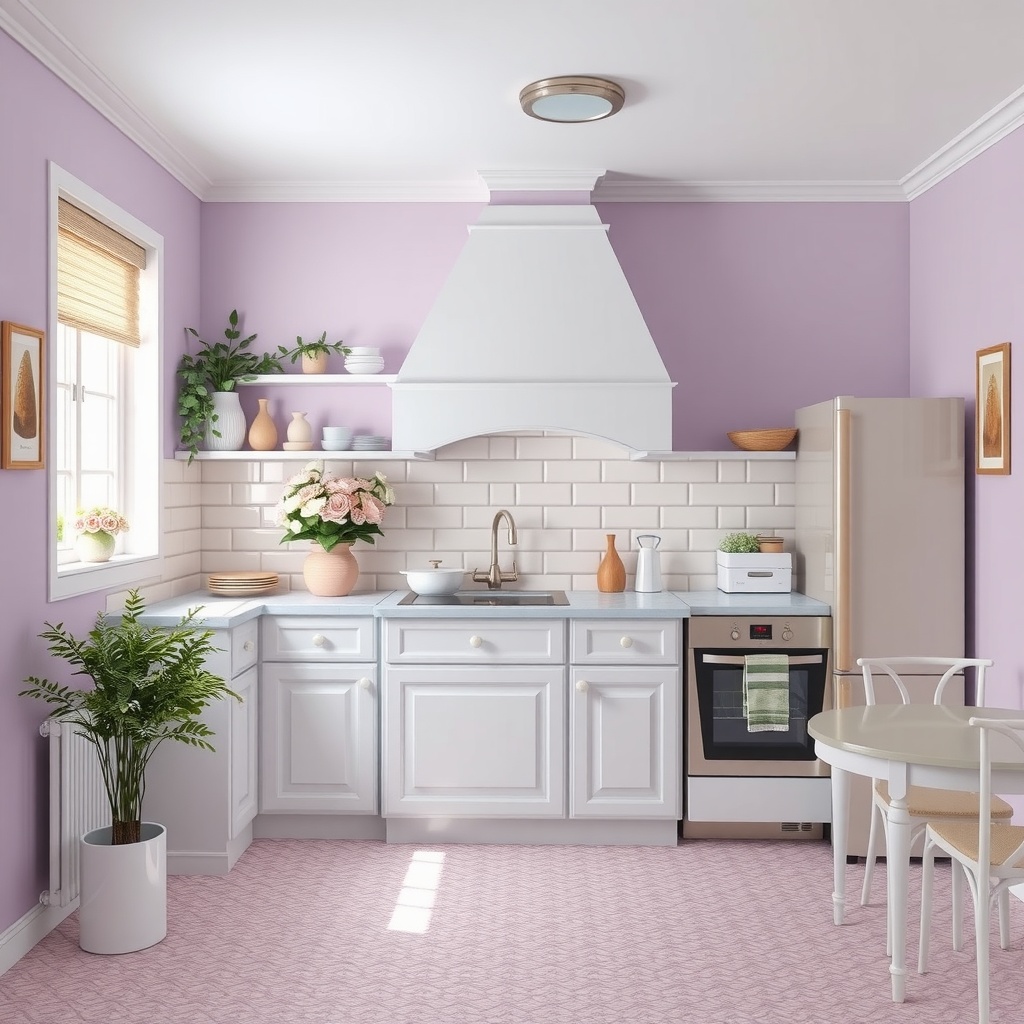 A kitchen with soft lavender walls and white cabinetry, featuring plants and flowers for a fresh look.