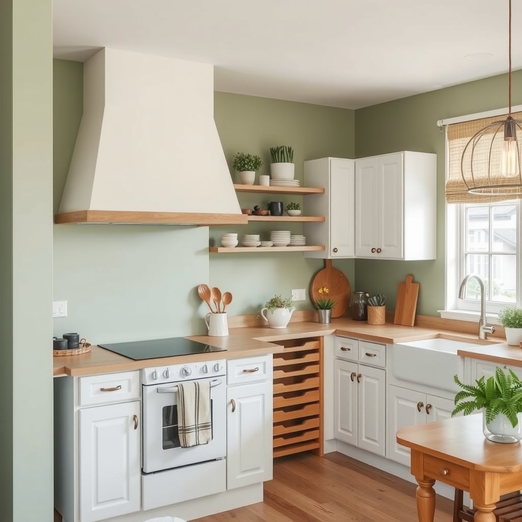 A kitchen featuring soft sage green walls, white cabinets, and wooden accents.