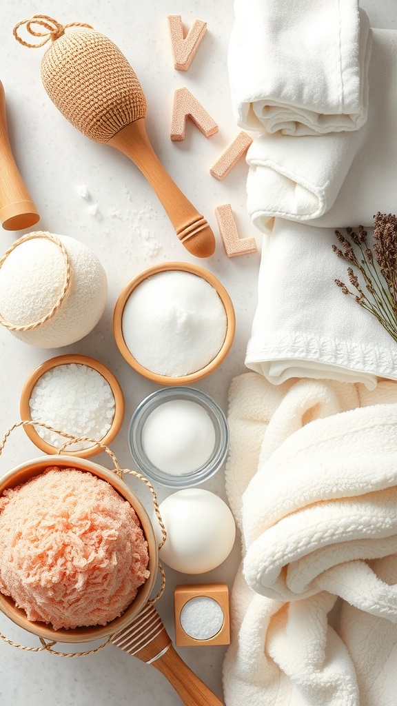 A collection of spa-inspired accessories including natural scrubbers, bath salts, and soft towels arranged neatly.