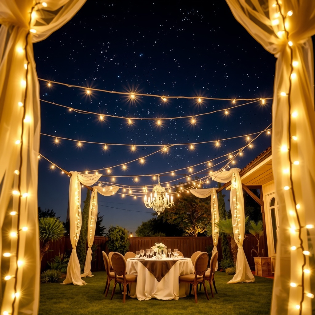 A cozy outdoor dining area with a canopy of string lights overhead, set against a night sky.