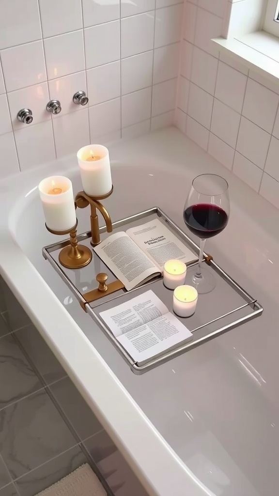 A stylish bath caddy with candles, wine, and a book on a bathtub.