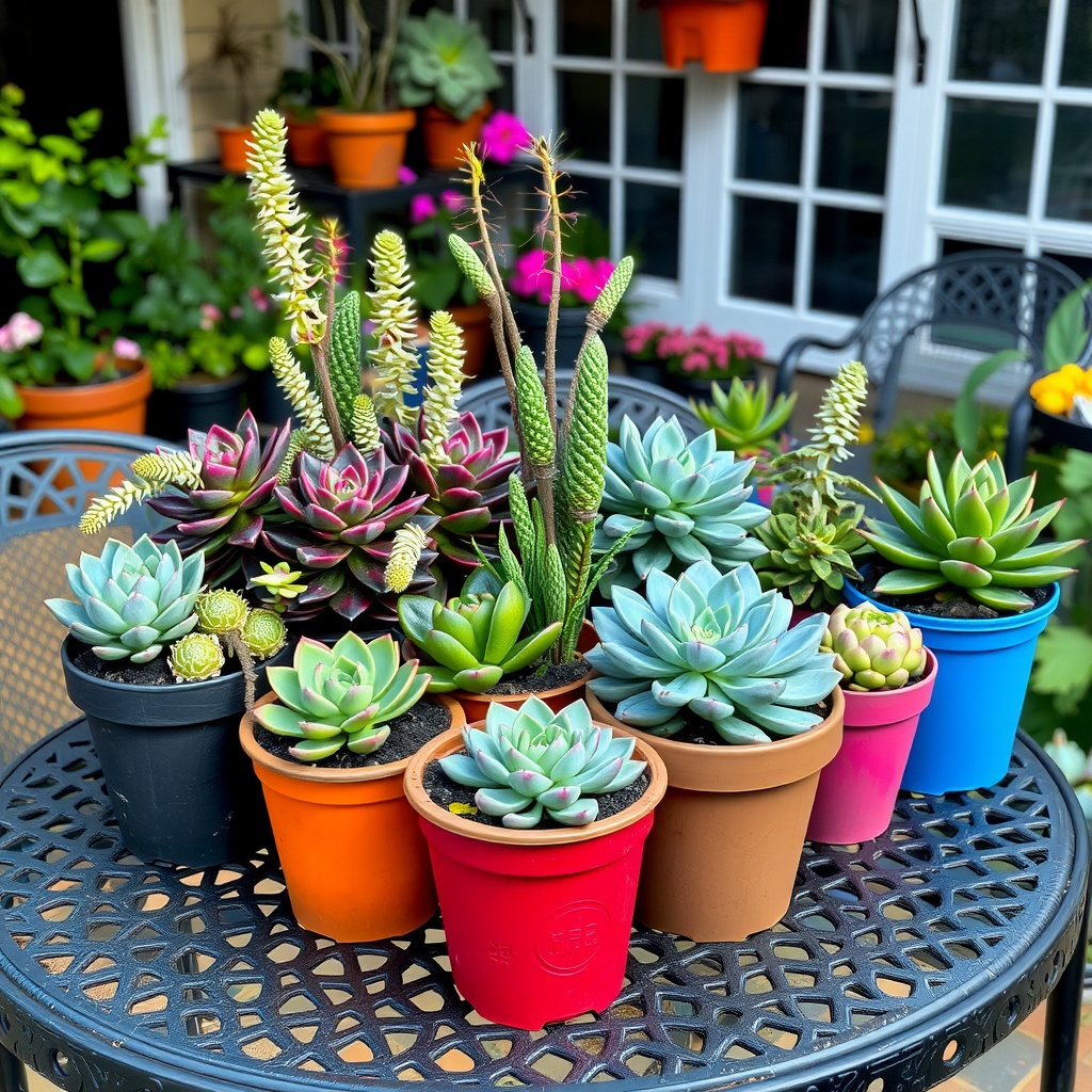 A vibrant display of various succulent plants in colorful pots on a table.