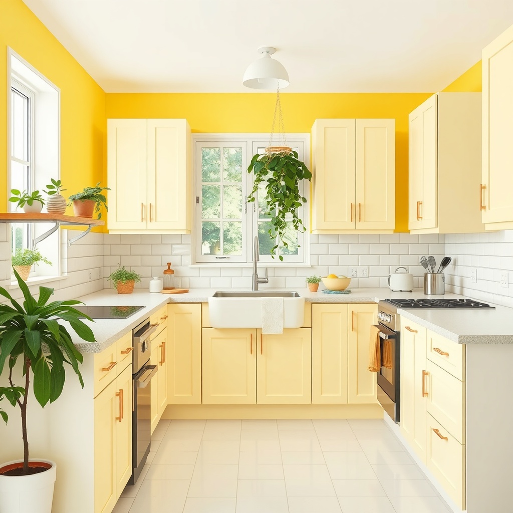 A bright kitchen with sunny lemon yellow walls and light cabinetry.