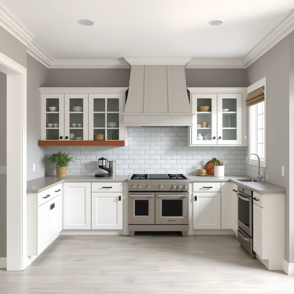 A modern kitchen featuring stone gray walls, white cabinets, and stainless steel appliances.