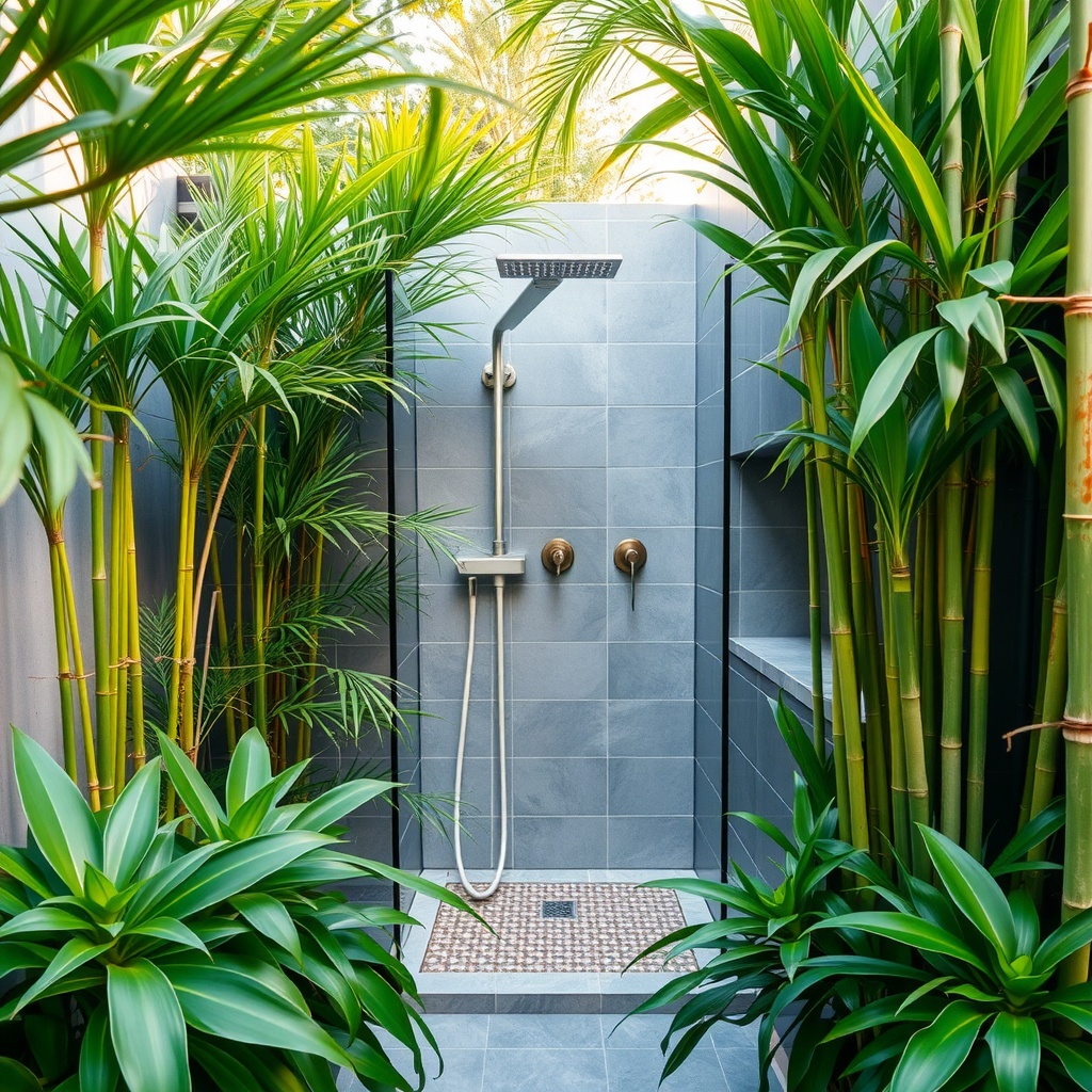 Tropical outdoor shower surrounded by lush plants.