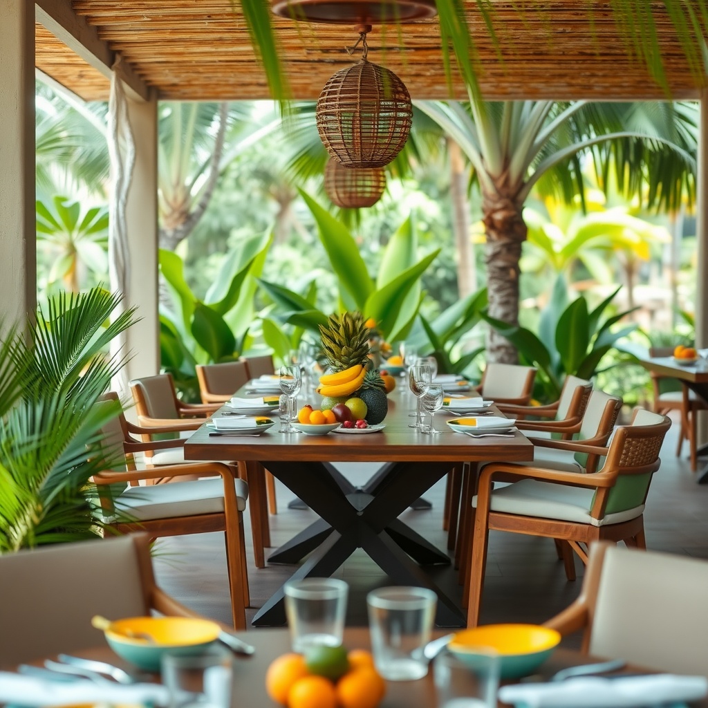 Tropical themed outdoor dining set with fruits and greenery.
