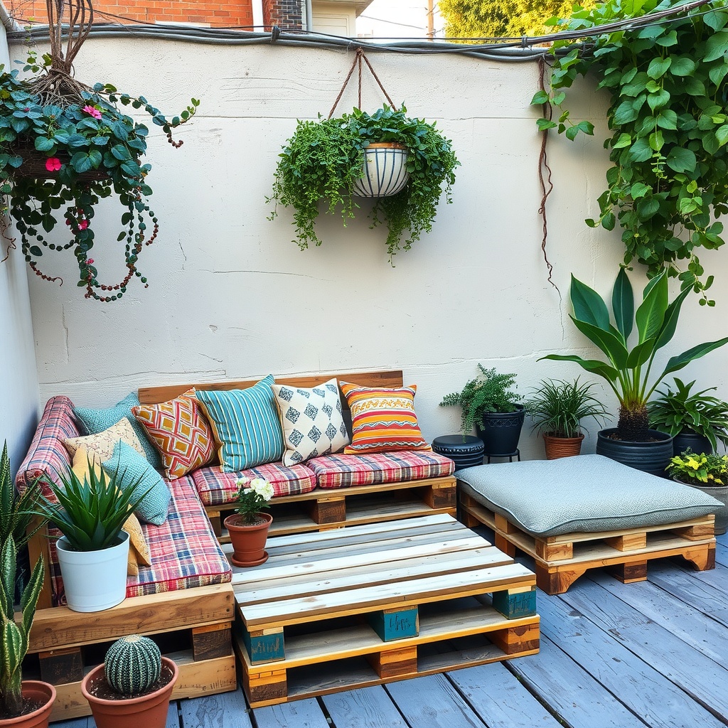 A cozy outdoor space featuring upcycled wooden pallet furniture with colorful cushions and plants.