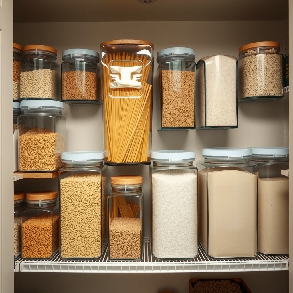 Organized kitchen storage with clear containers for pasta and grains.