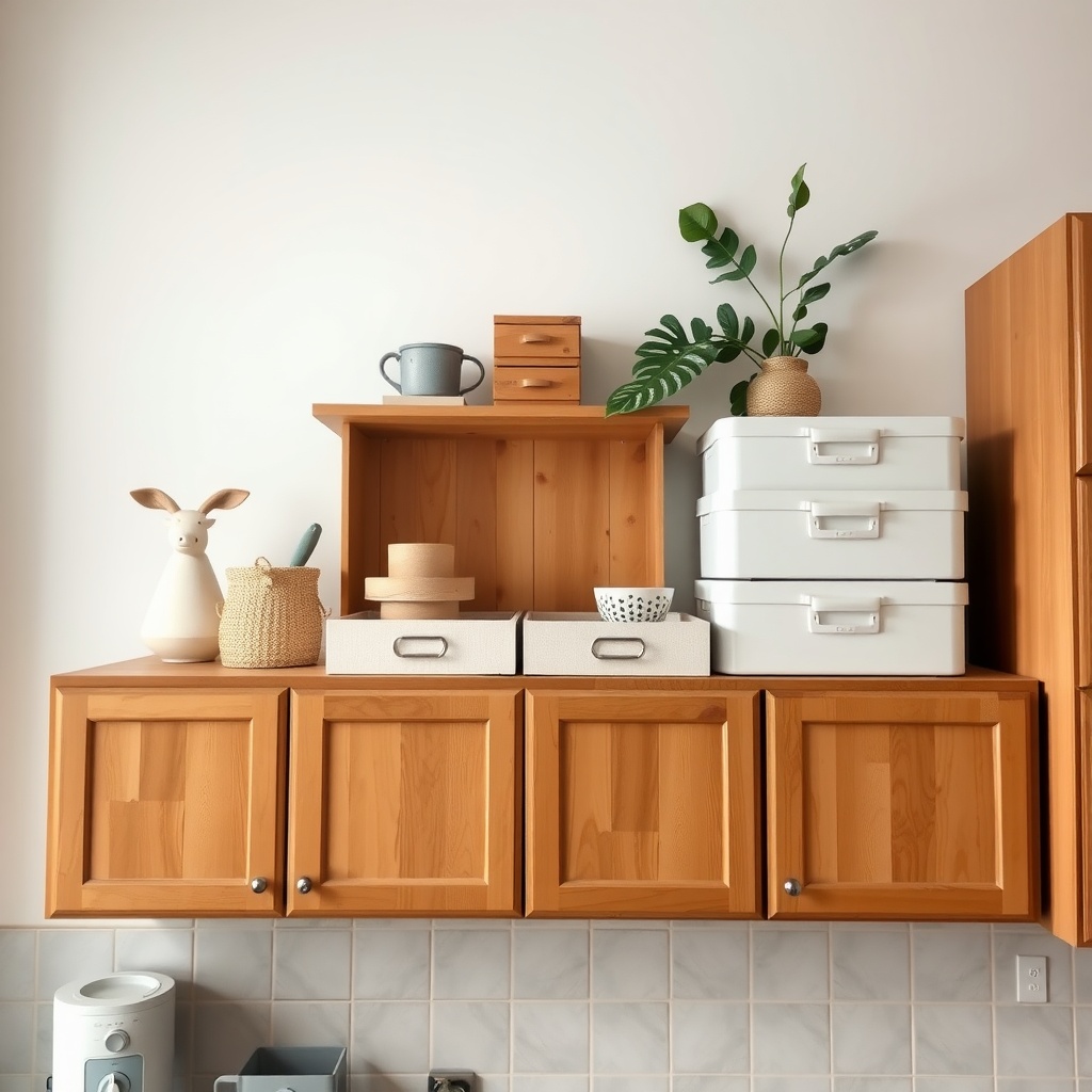Decorative storage above kitchen cabinets with boxes and plants