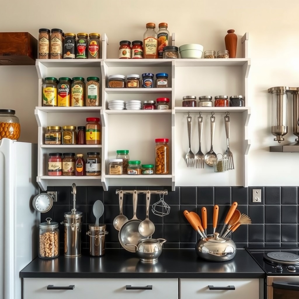 A stylish kitchen with floating shelves displaying jars and spices, along with hanging utensils.