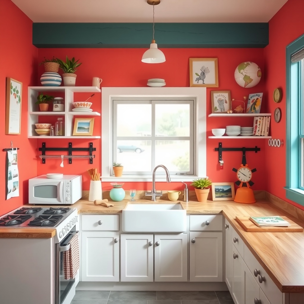 A bright kitchen with coral walls, white cabinets, and wooden countertops