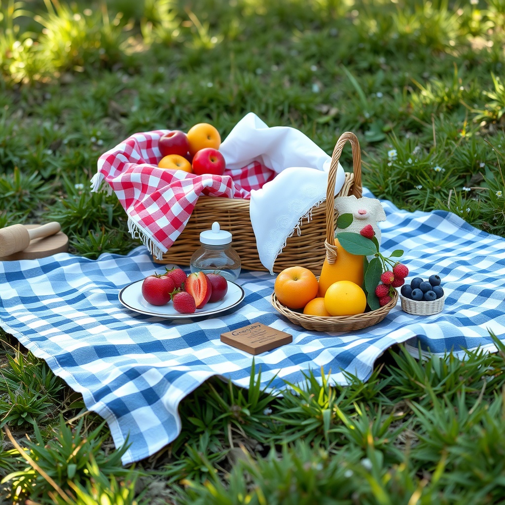 A vintage picnic setup featuring a checkered blanket, a wicker basket filled with fruits, and a plate of strawberries.