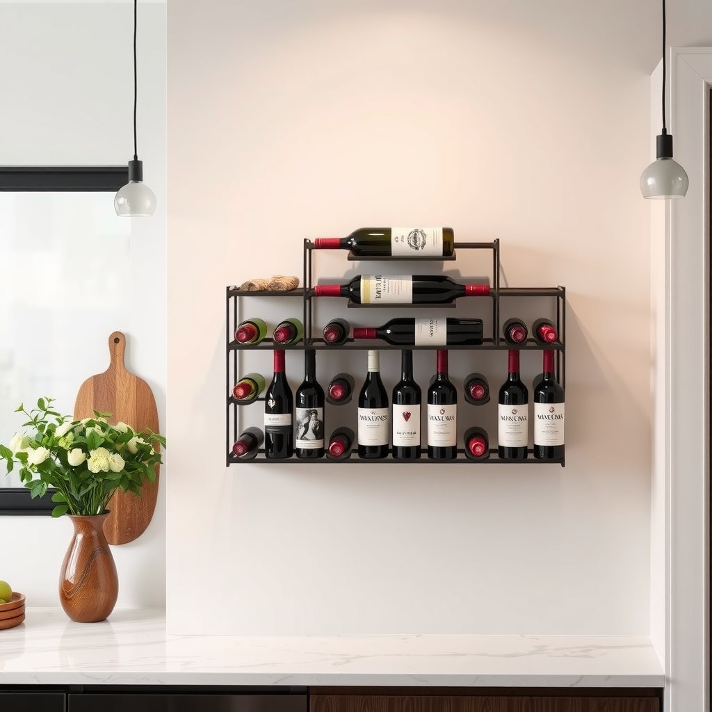 Wall-mounted wine racks displaying various bottles of wine, enhancing kitchen decor.
