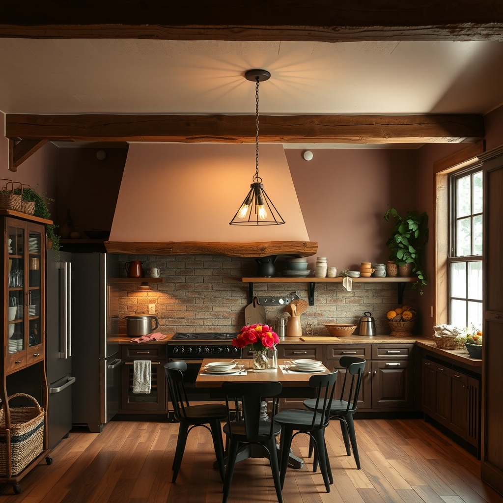 A cozy kitchen featuring warm cocoa brown walls, wooden accents, and a dining table with flowers.
