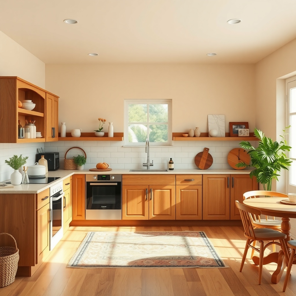 A kitchen painted in warm creamy beige with wooden cabinets and natural lighting.
