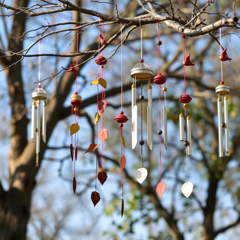 Colorful wind chimes hanging from a tree branch.