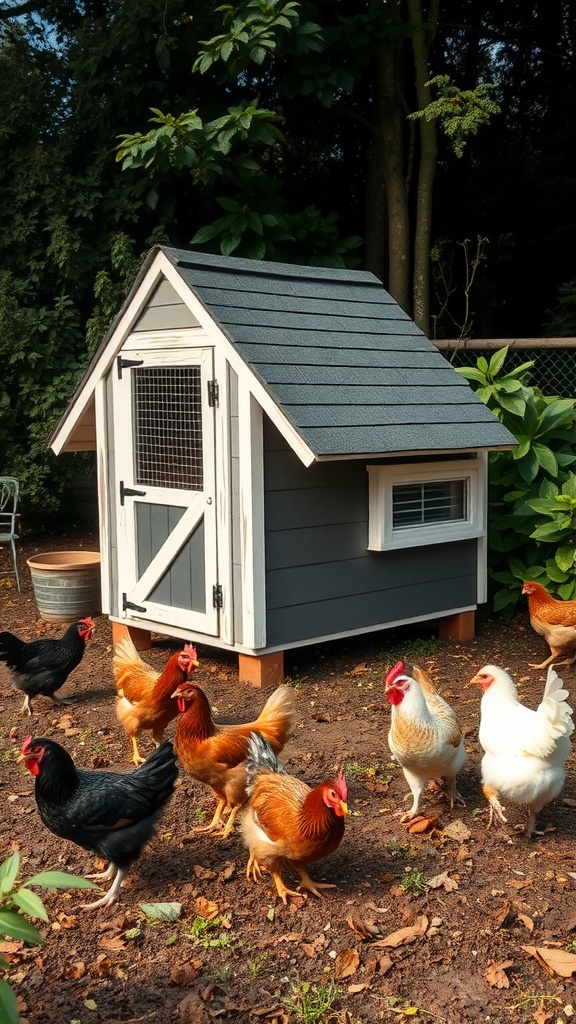 A-frame chicken coop with chickens around it