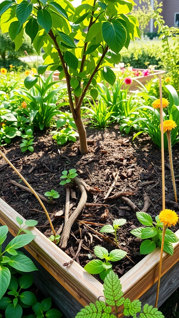 A vibrant raised garden bed with a tree and various plants surrounded by colorful flowers.