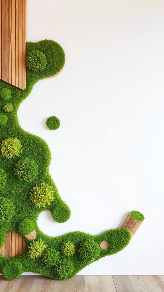 Abstract moss art featuring vibrant green moss and wooden elements on a white wall.