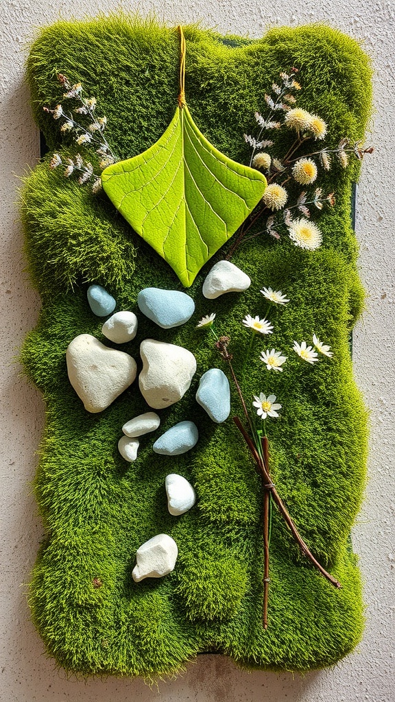 A decorative moss wall art piece featuring rocks, dried flowers, and a green leaf.