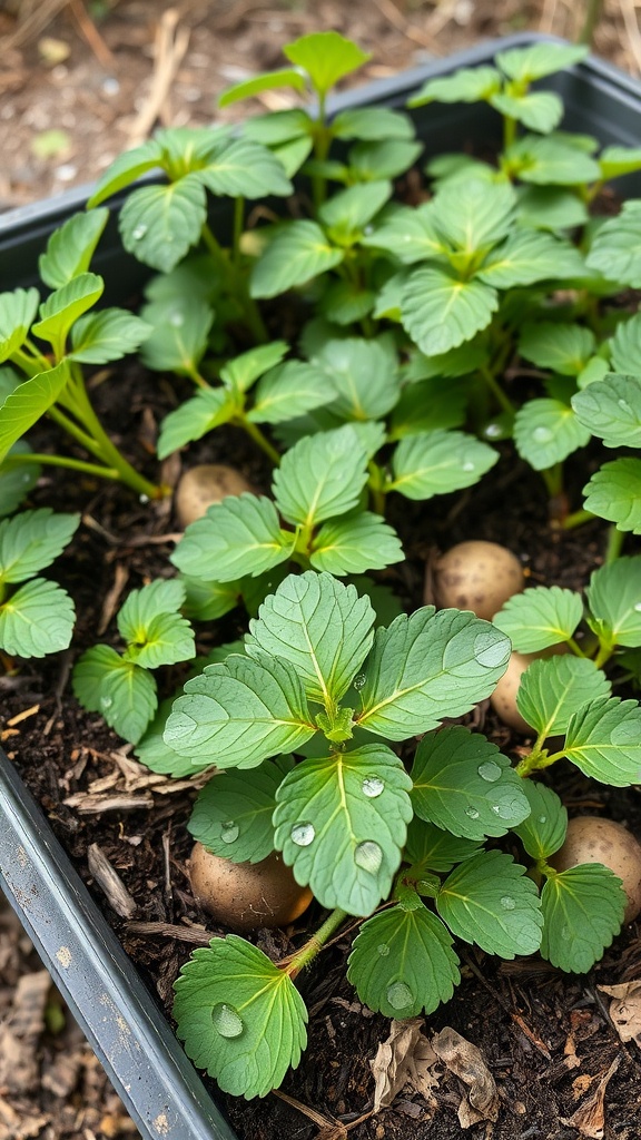 A close-up of potato plants with lush green leaves and visible potatoes in a container filled with soil.