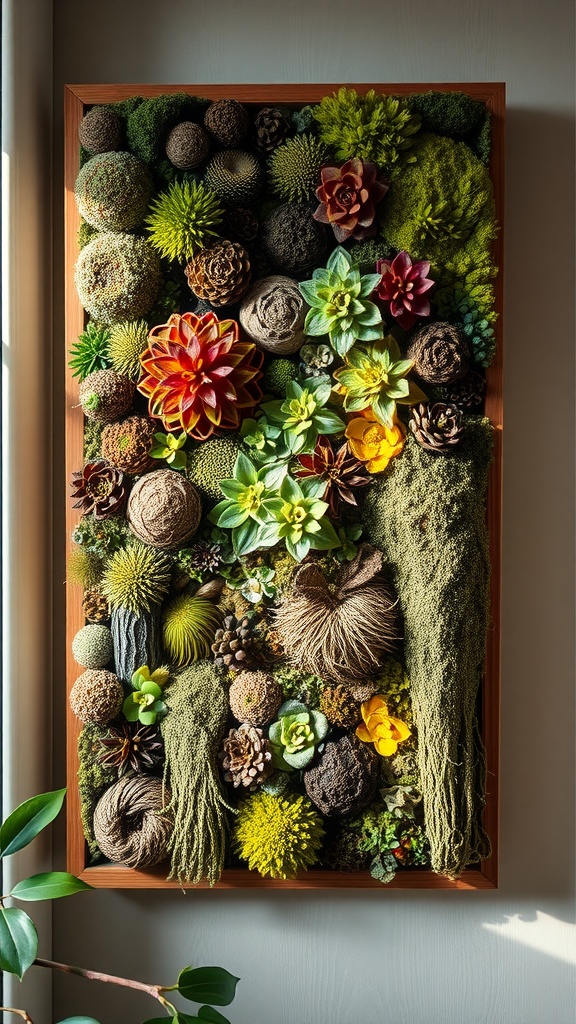 A colorful arrangement of various moss types and succulents in a wooden frame.