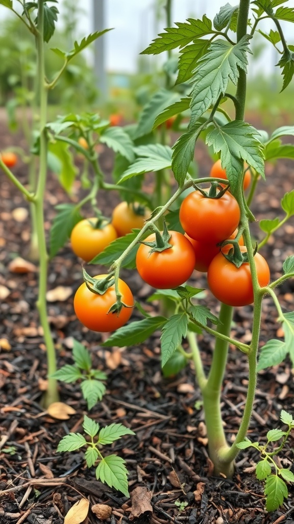 Close-up of tomato plants with ripe and ripening tomatoes on the vine.