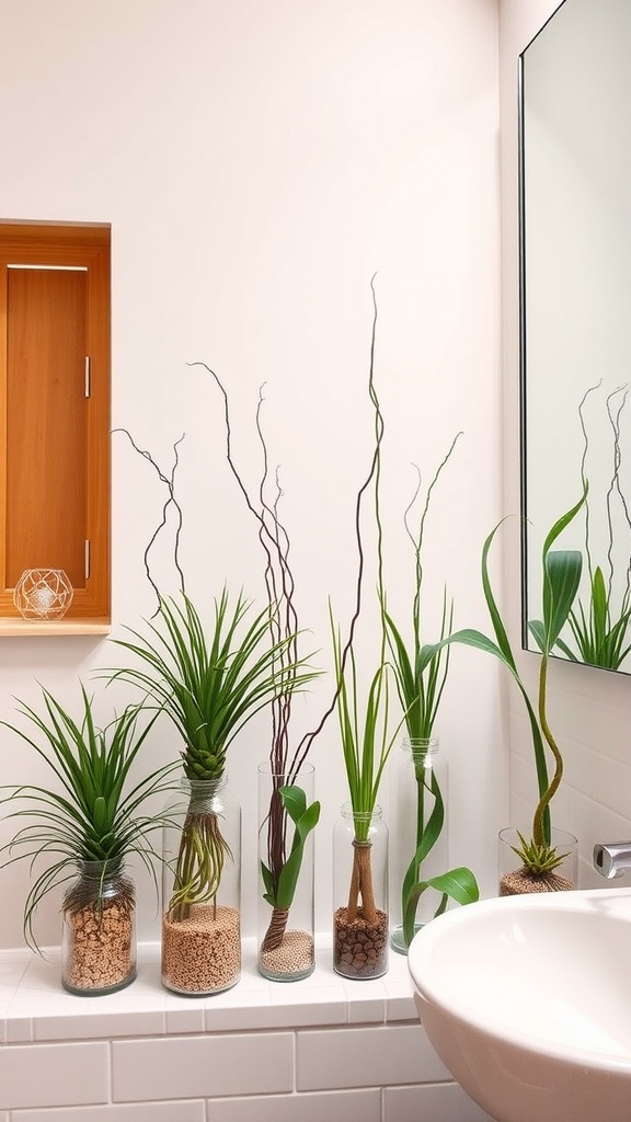 A selection of air plants in glass vases displayed in a bathroom setting.