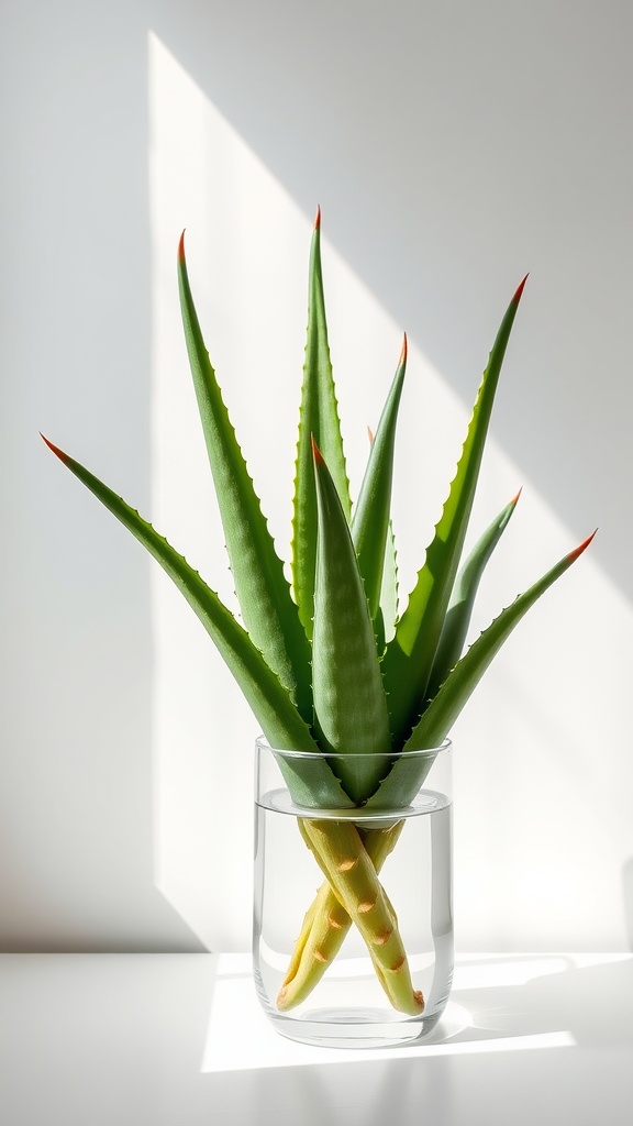 Aloe Vera plant in a clear vase with water, showcasing its long pointed leaves