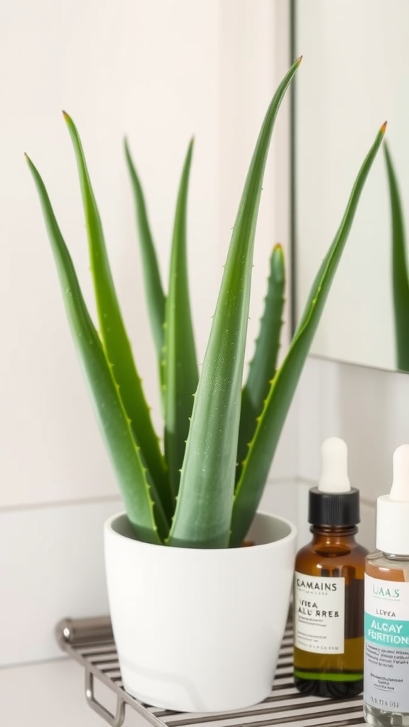 Aloe Vera plant in a white pot on a bathroom shelf, accompanied by skincare products.