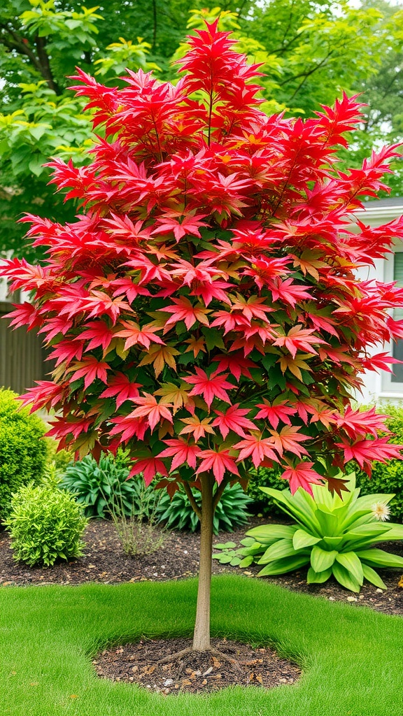 A vibrant Amur Maple tree with striking red leaves surrounded by lush green plants.