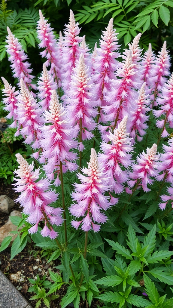 A cluster of pink Astilbe flowers with lush green foliage