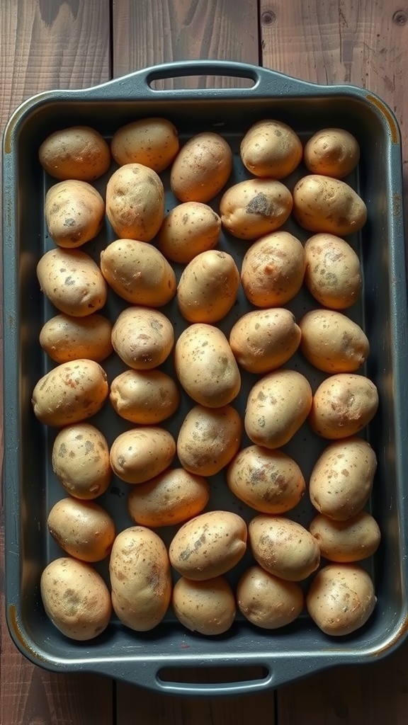 A tray filled with several potatoes laid out evenly to avoid overcrowding.