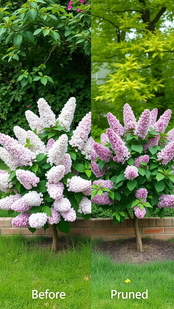 Before and after pruning of a lilac bush, showing a more structured and healthy appearance post-pruning.