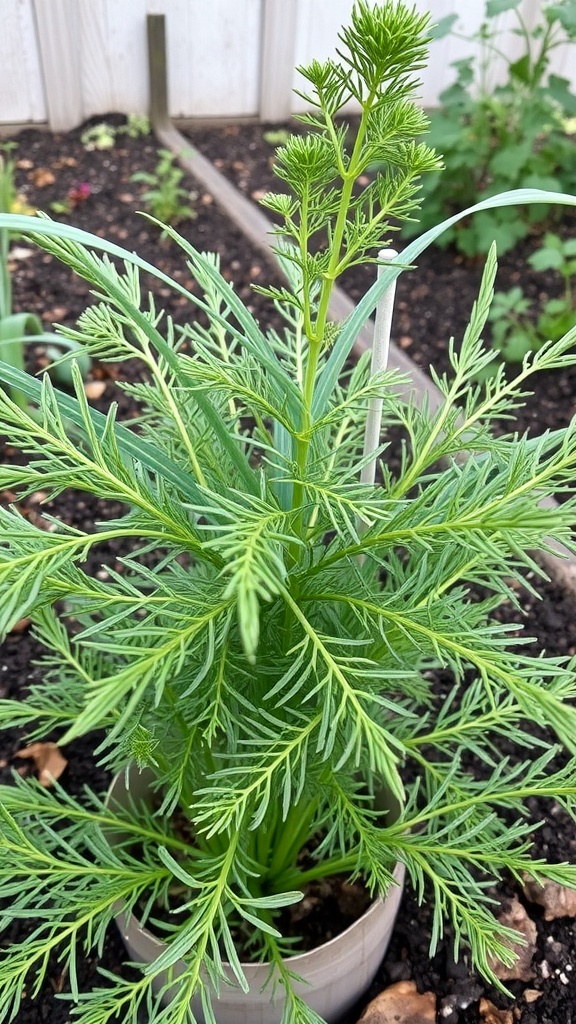 A healthy dill plant with vibrant green leaves in a garden setting.