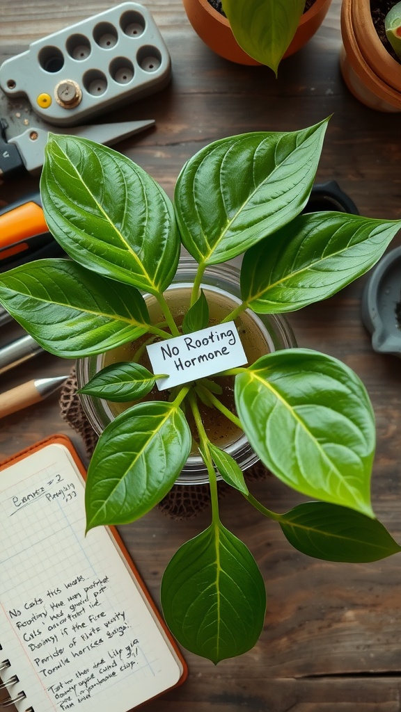 A healthy Pothos cutting labeled 'No Rooting Hormone' in a glass container, surrounded by gardening tools and a notebook with propagation notes.