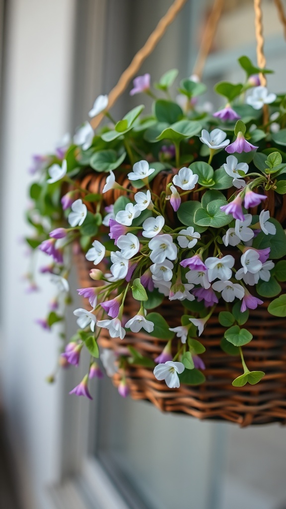 A hanging basket filled with Bacopa plants featuring delicate white and purple flowers.