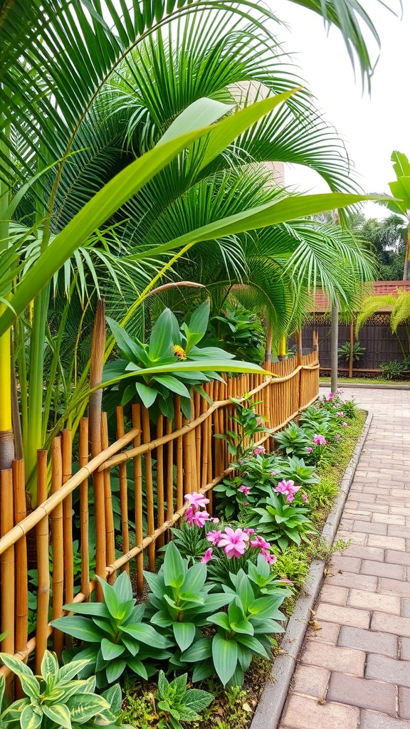 A garden featuring bamboo fencing borders with vibrant flowers and lush green plants.