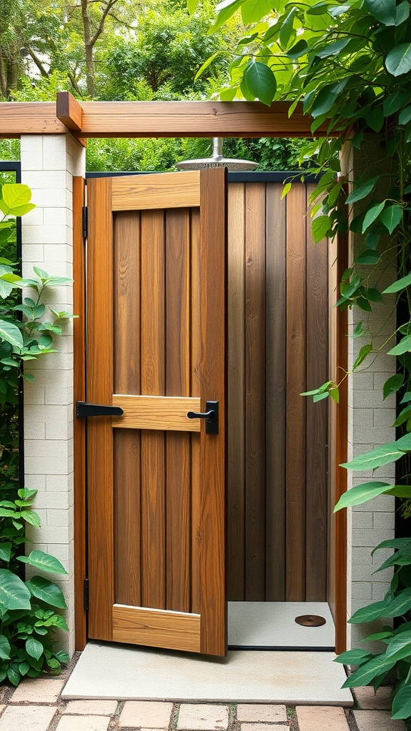 A rustic outdoor shower with a barn door enclosure surrounded by greenery and warm lighting.