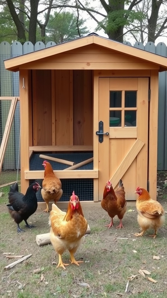 A wooden chicken coop with chickens outside in a backyard setting.