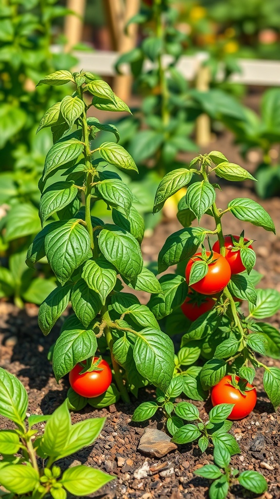 Basil and tomato plants growing together in a garden