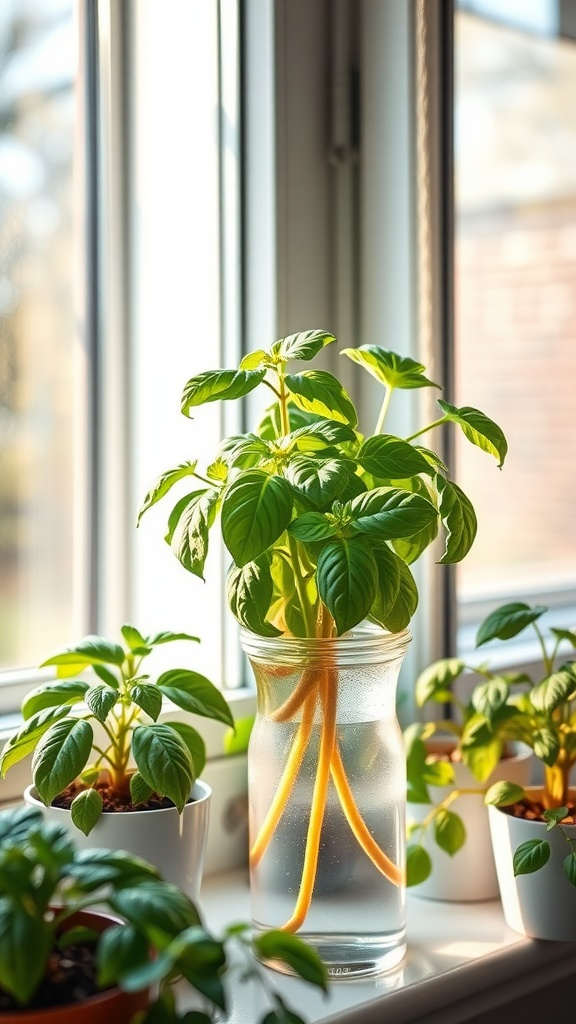 A basil plant growing in a water vase on a windowsill with smaller potted basil plants.